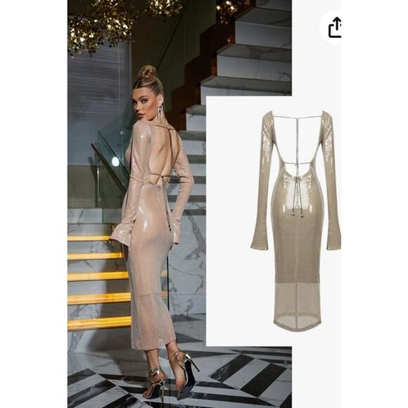 NWOT Meilun Deep V Dress Drawstring Long Sleeve Sequin Dress Long Gown, sz M - Picture 3 of 10